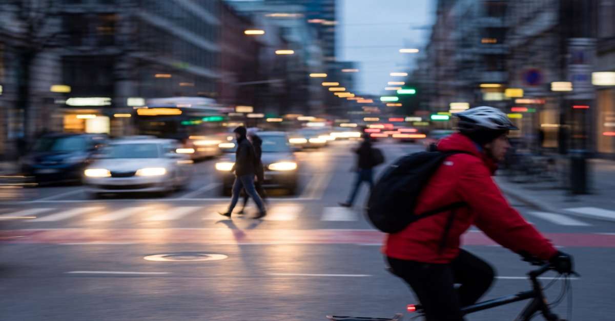cycliste et circulation dense crépuscule
