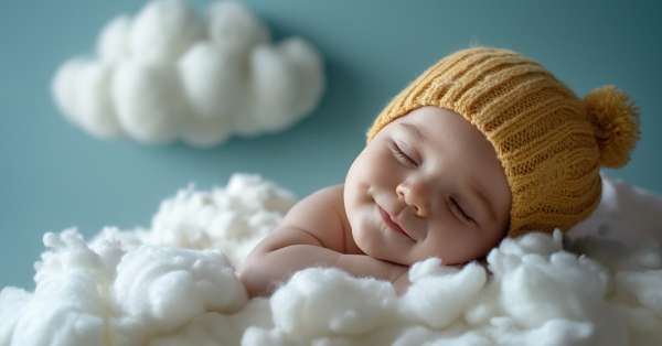 dormir comme un bébé, un petit petit bébé qui dort sur un nuage portant un bonnet tricoté en maille jaune