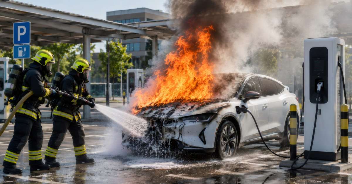 Des pompiers tentent d'éteindre l'incendie d'une voiture électrique en charge sur une borne de recharge